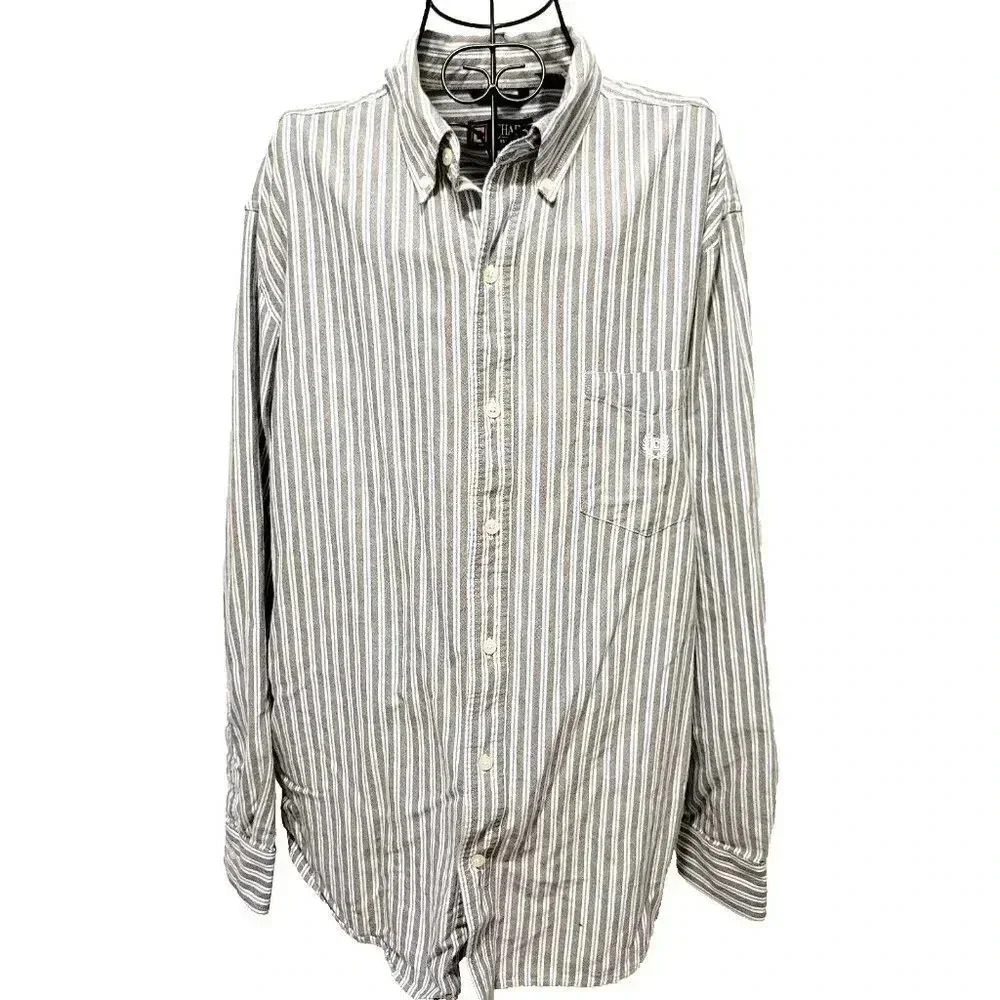 Chaps Button Up Shirt XL Men's White Gray Blue Stripe Long Sleeve 100% Cotton - Picture 1 of 3